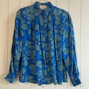 Vintage Blue Silk Shirt With Abstract Green Floral Pattern Women’s Size 10